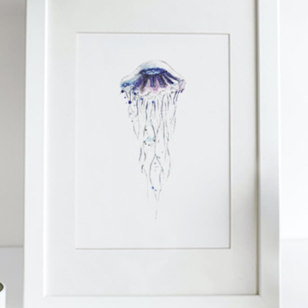 A4-print van een paarse kwal in aquarel