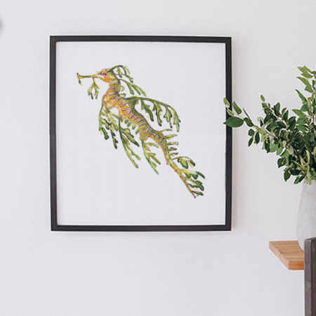 Originele aquarel van een leafy seadragon in paars/groen door Francine