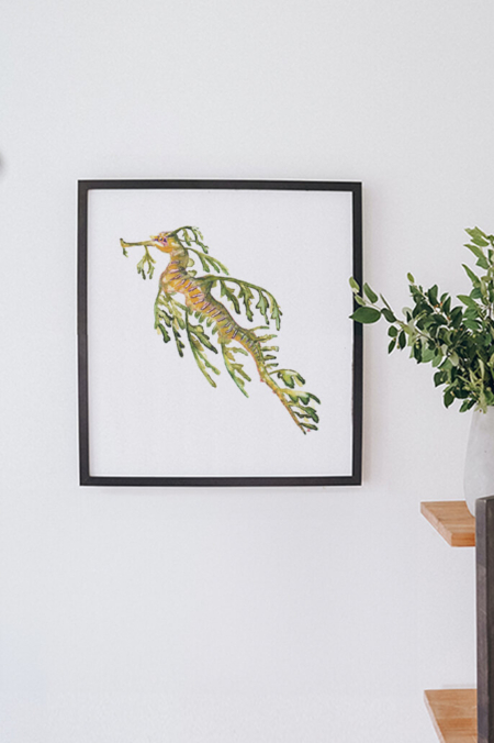 Originele aquarel van een leafy seadragon in paars/groen door Francine