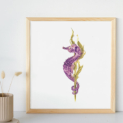 Originele aquarel van een zeepaard in paars/groen door Francine