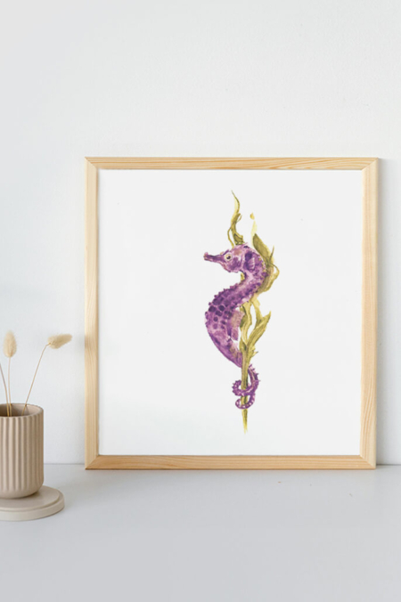 Originele aquarel van een zeepaard in paars/groen door Francine