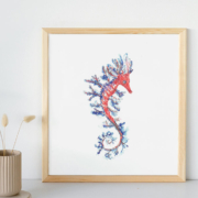 Originele aquarel van een zeepaard in rood/blauw door Francine