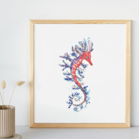 Originele aquarel van een zeepaard in rood/blauw door Francine