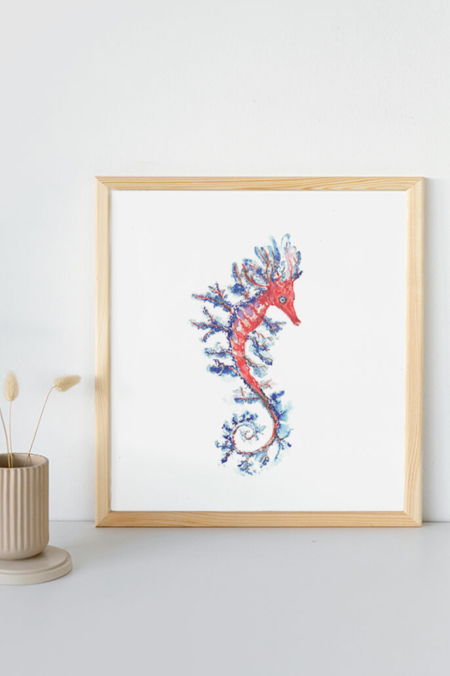 Originele aquarel van een zeepaard in rood/blauw door Francine