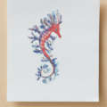 Originele aquarel van een zeepaard in rood/blauw door Francine