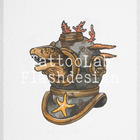 Tattoo ontwerp van een duikhelm met vis door Aaron