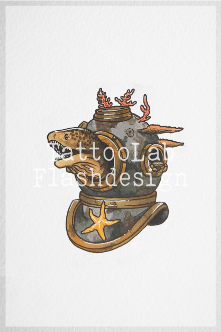 Tattoo ontwerp van een duikhelm met vis door Aaron