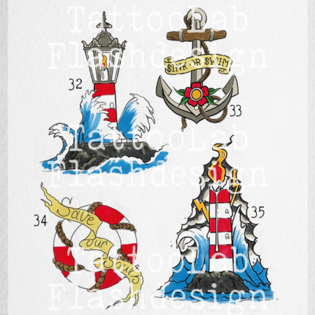 Kleurrijke oldschool tattoo ontwerpen in zee-thema door Aaron