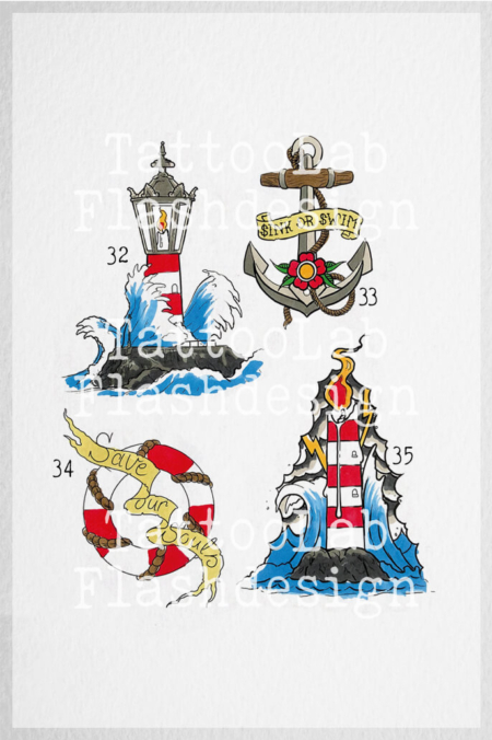 Kleurrijke oldschool tattoo ontwerpen in zee-thema door Aaron