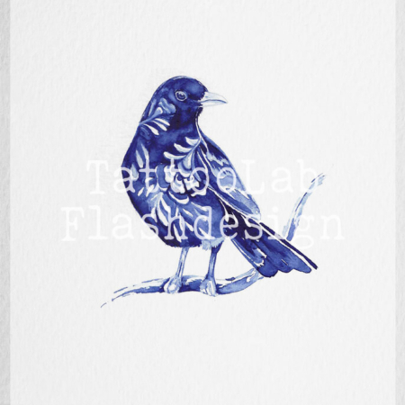 Merel in Delfts Blauwe stijl, handgemaakt tattoo ontwerp door Francine