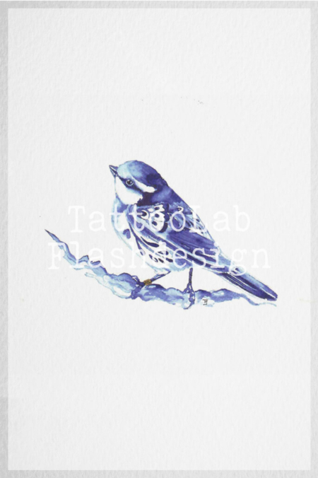 Pimpelmees in Delfts Blauwe stijl, handgemaakt tattoo ontwerp door Francine