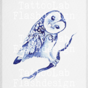 Uil in Delfts Blauwe stijl, handgemaakt tattoo ontwerp door Francine