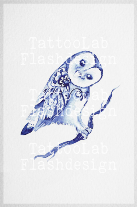 Uil in Delfts Blauwe stijl, handgemaakt tattoo ontwerp door Francine