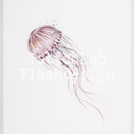 Watercolour stijl tattoo ontwerp van een kwal in kleur, handgemaakt door Francine