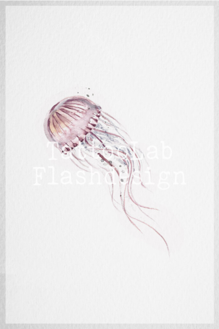 Watercolour stijl tattoo ontwerp van een kwal in kleur, handgemaakt door Francine