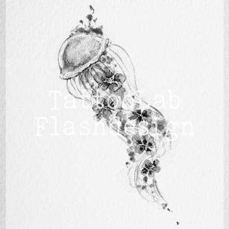 Watercolour stijl tattoo ontwerp van een kwal, handgemaakt door Francine