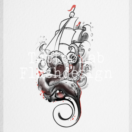 Tattoo ontwerp van een schip met abstracte elementen