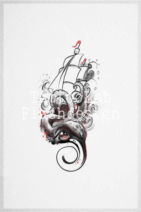 Tattoo ontwerp van een schip met abstracte elementen