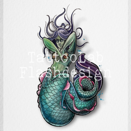 Full colour tattoo ontwerp van een zeemeermin
