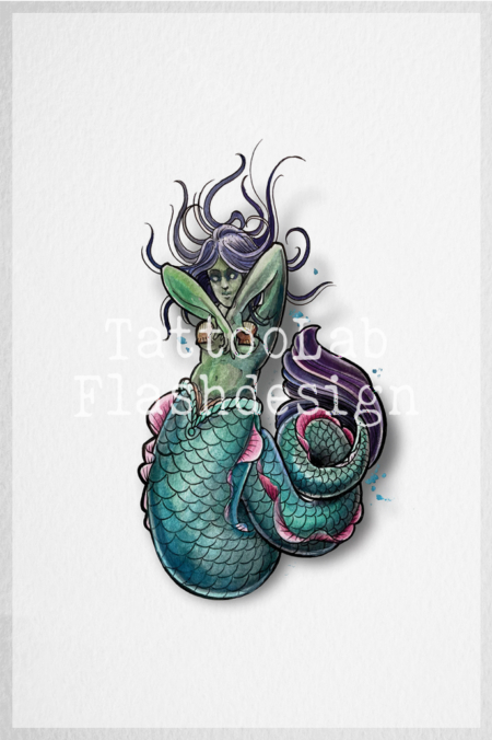 Full colour tattoo ontwerp van een zeemeermin