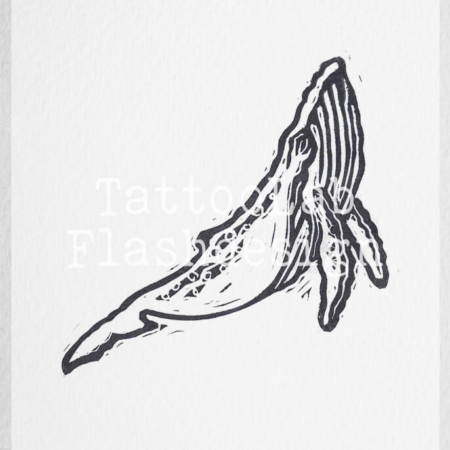 Tattooflash ontwerp van een walvis in handgemaakte lino stijl