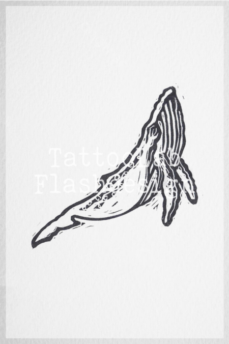 Tattooflash ontwerp van een walvis in handgemaakte lino stijl
