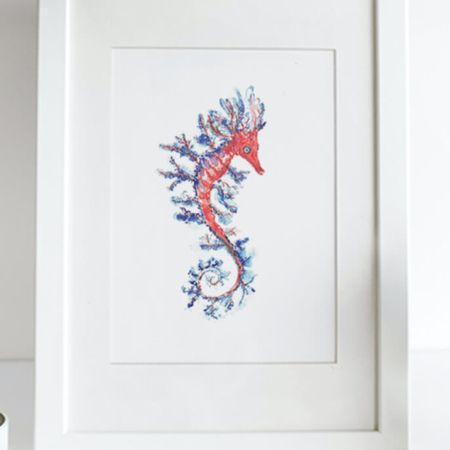 Aquarel van een rood zeepaard