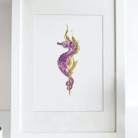 Aquarel van een paars zeepaard