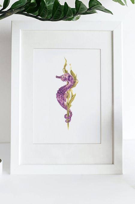 Aquarel van een paars zeepaard