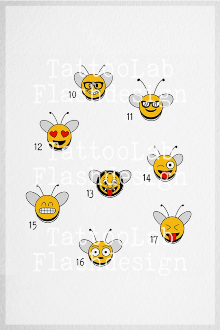 Full color tattoo ontwerpen van emoticons in een bijenstijl