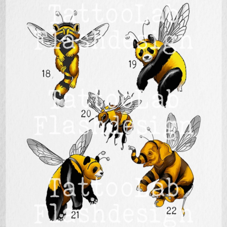 Full color tattoo ontwerpen met dieren in een bijen pakje