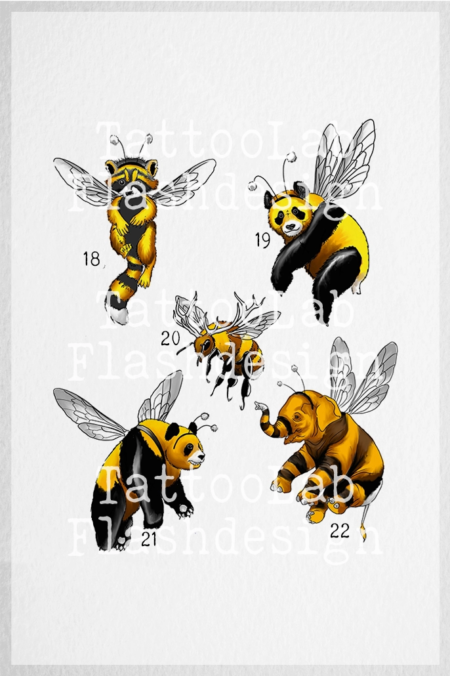 Full color tattoo ontwerpen met dieren in een bijen pakje