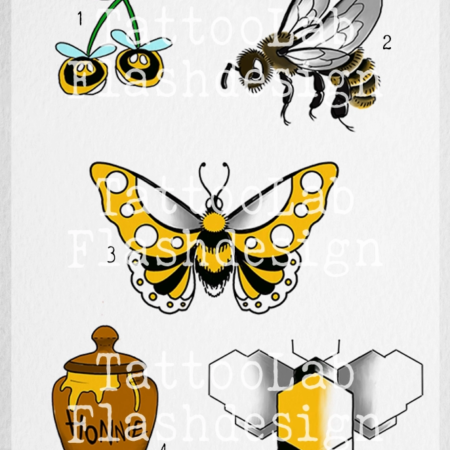 Full color tattoo ontwerpen met bijen in old school stijl