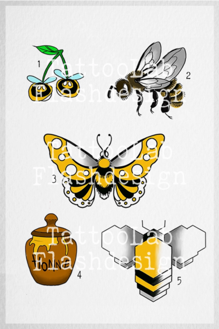 Full color tattoo ontwerpen met bijen in old school stijl