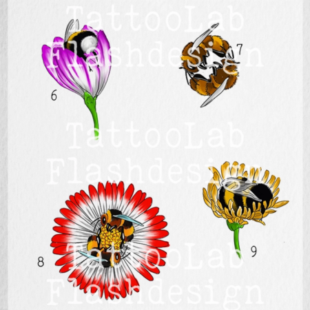 Full color tattoo ontwerpen van verschillende bloemen met een bij