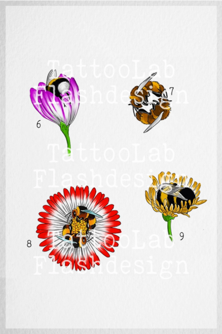 Full color tattoo ontwerpen van verschillende bloemen met een bij