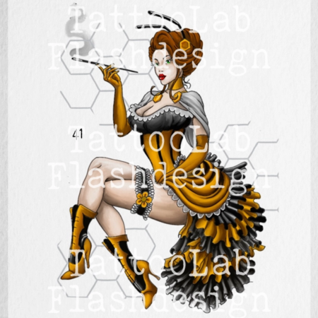 Full color tattoo ontwerp van een pinup in de stijl van een bij
