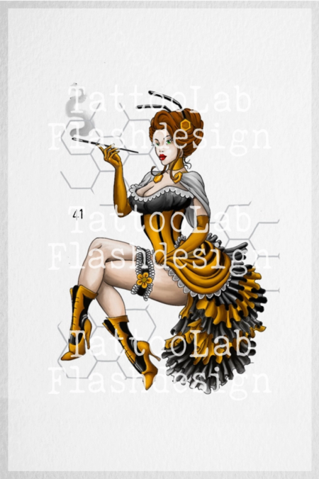 Full color tattoo ontwerp van een pinup in de stijl van een bij