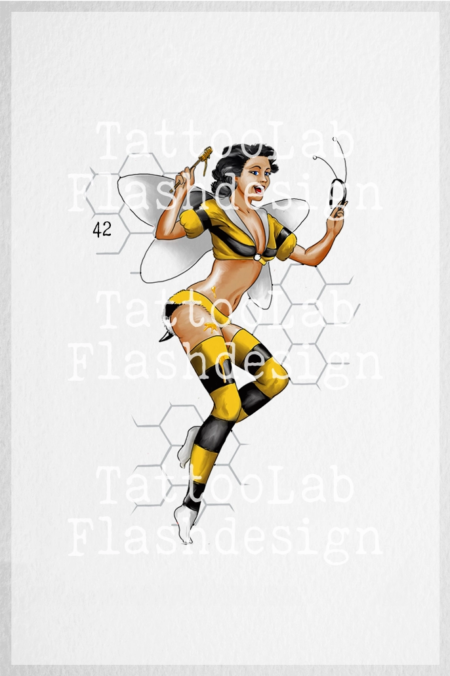 Tattoo design van een full color pin up in bijen thema