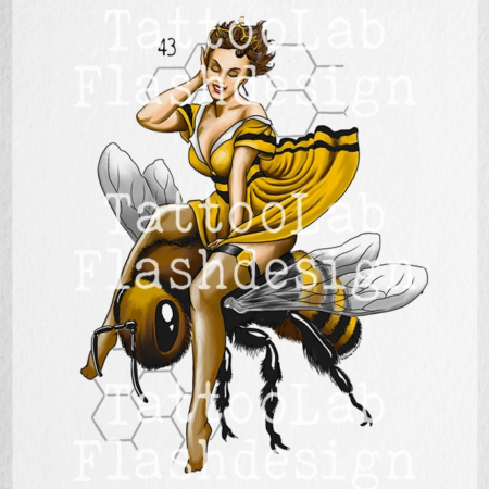 Tattoo design van een full color pin up in bijen thema