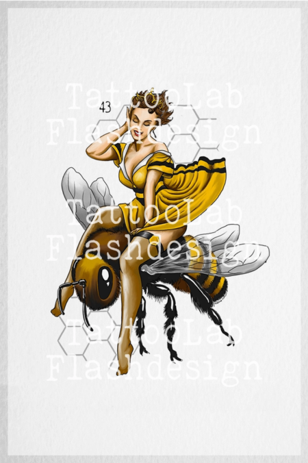 Tattoo design van een full color pin up in bijen thema