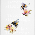 Grote tattoo designs van een bij met bloem in watercolour stijl in kleur