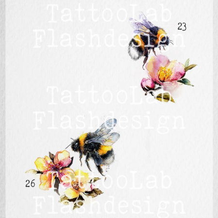 Grote tattoo designs van een bij met bloem in watercolour stijl in kleur