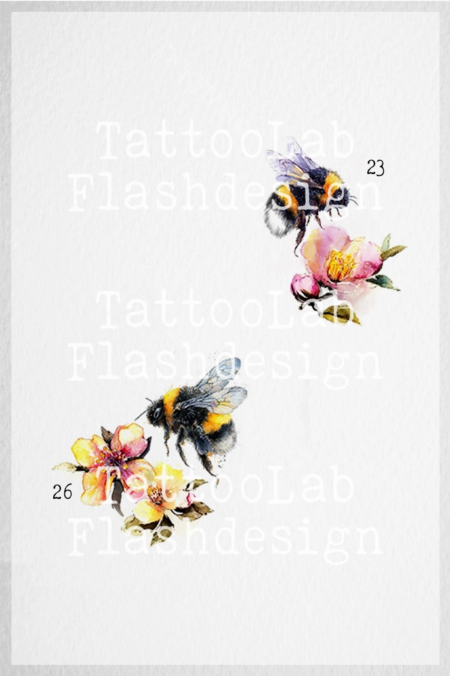 Grote tattoo designs van een bij met bloem in watercolour stijl in kleur