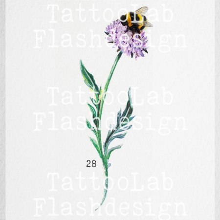 Grote tattoo design van een bij met bloem in watercolour stijl in kleur