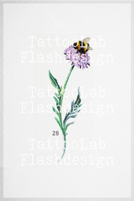 Grote tattoo design van een bij met bloem in watercolour stijl in kleur