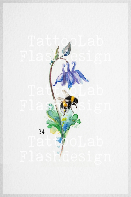 Grote tattoo design van een bij met akelei in watercolour stijl in kleur