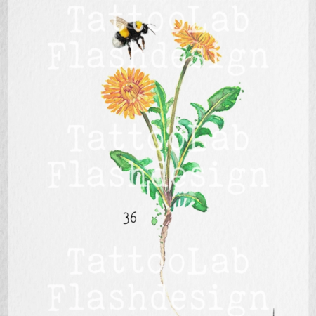 Grote tattoo design van een bij met paardenbloem in watercolour stijl in kleur