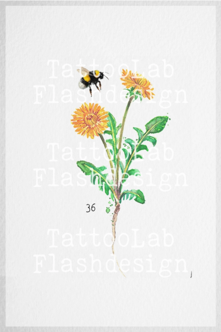 Grote tattoo design van een bij met paardenbloem in watercolour stijl in kleur