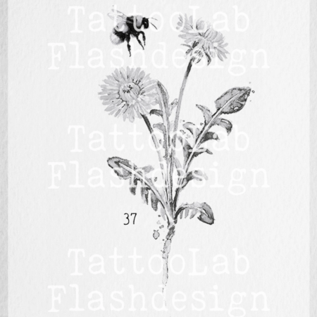 Grote tattoo design van een bij met paardenbloem in watercolour stijl